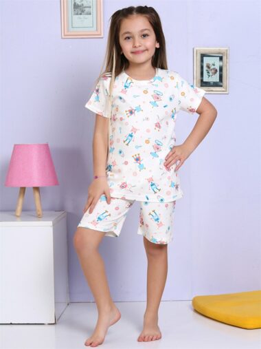 ست پیژامه با شلوارک آستین کوتاه دخترانه رگولار یقه گرد Elmas Kids S4NV29Z4 ال سی وایکیکی